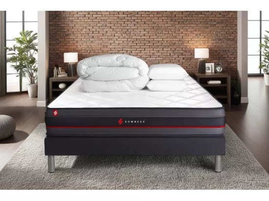 Pack prêt à dormir 180x200 matelas REGEN à mémoire de forme + sommier kit noir + Couette 260x240cm + 2 oreillers 60x40cm