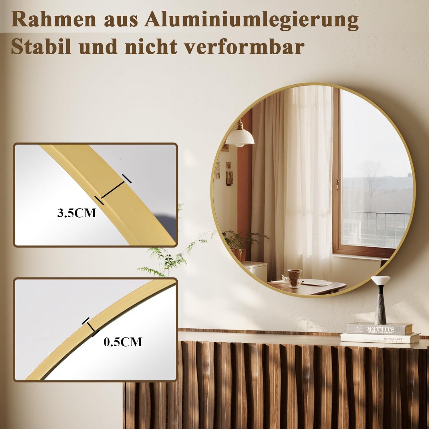 BEAUTYPEAK 106 cm Runder Spiegel, Bruchsicherer Wandspiegel mit Aluminiumrahmen, Badezimmer Spiegel zum Aufhängen und Anlehnen, Rund Wandspiegel für Schlafzimmer, Bad, Wohnzimmer Gold
