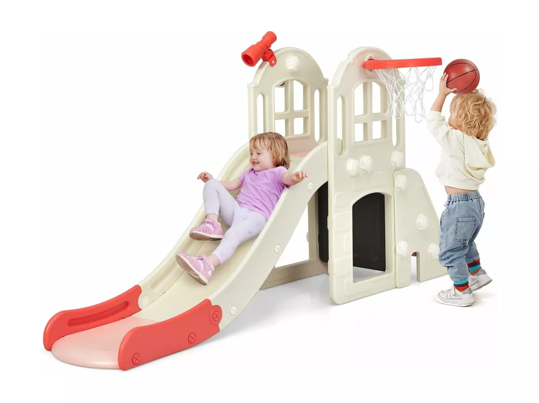 Toboggan 6 en 1 pour Enfant - Glisse de 140 CM - avec Panier de Basket, Escalade, Lancer d'Anneaux et Télescope,Toboggan Intérieure,Aire de Jeux Extérieure 3-8 Ans, Rose