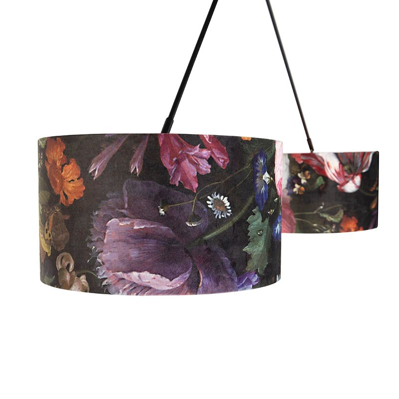 Hanglamp zwart met velours kappen bloemen met goud 35 cm 2-lichts - Blitz