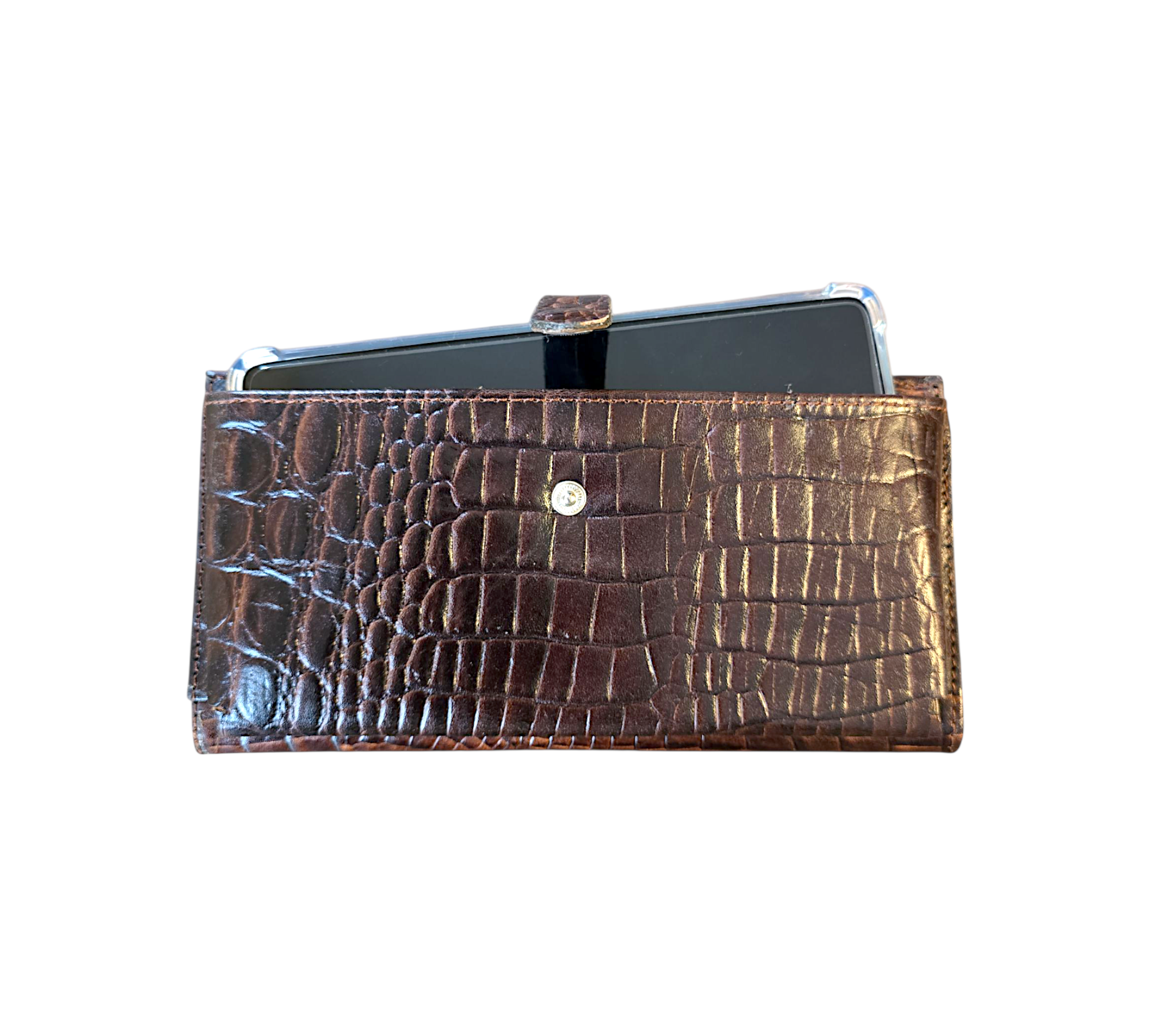 Dames portemonnee van rundleer met telefoonvak – croco print