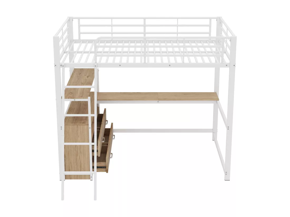 Lit mezzanine 140x200cm - bureau d'angle avec tiroirs - en MDF et métal - Blanc