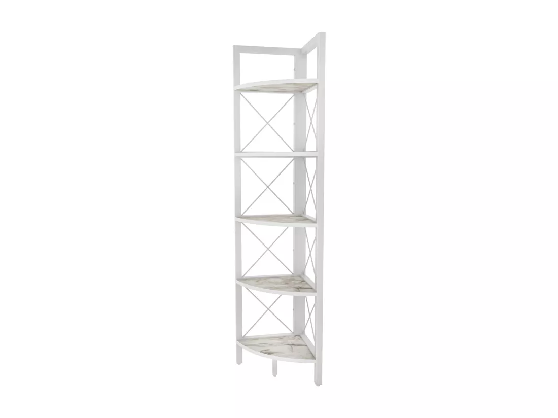 Bibliothèque d'angle Rémo cadre en métal 5-étagères (Effet marbre blanc et Blanc)