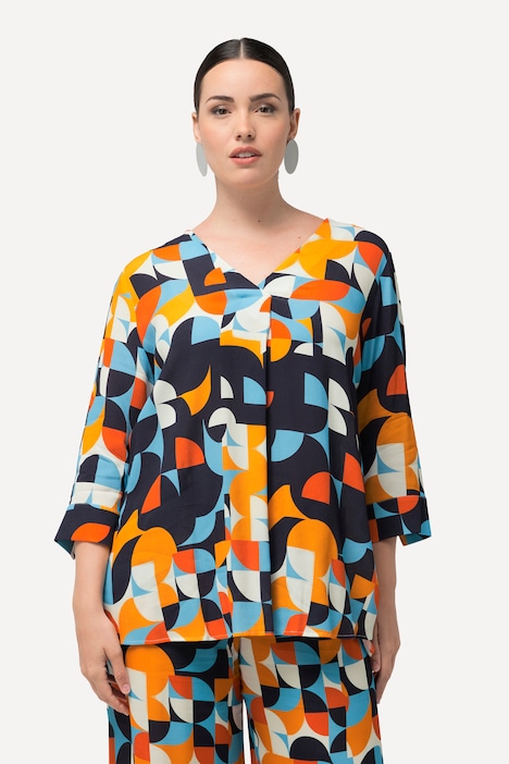 Bluse, Grafikdruck, Rundhals, 3/4-Arm, Krepp