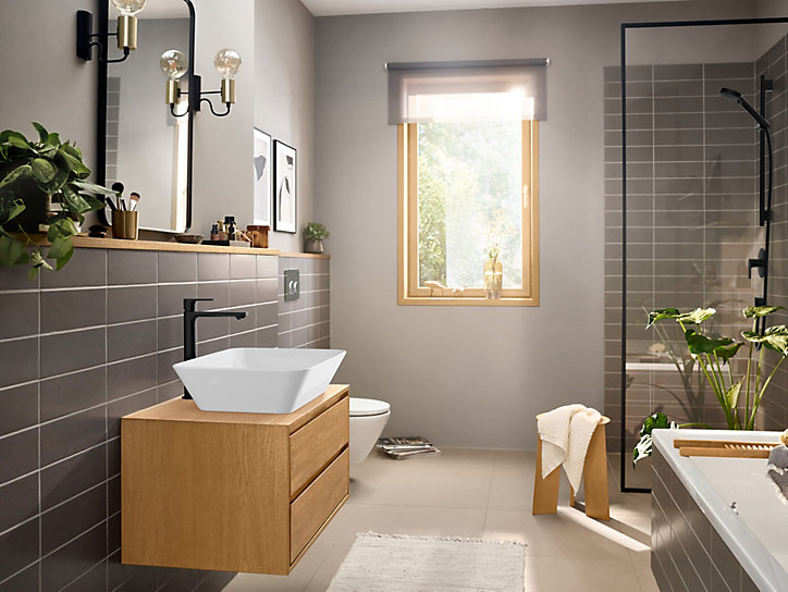 Mitigeur de lavabo Rebris E 240 CoolStart pour vasque à poser avec tirette et vidage Noir mat