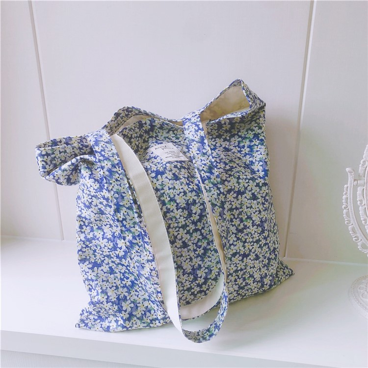 (35x37cm) Baumwoll Tote Bag Boho Stoff Tragetasche im Blumen Look - Blau