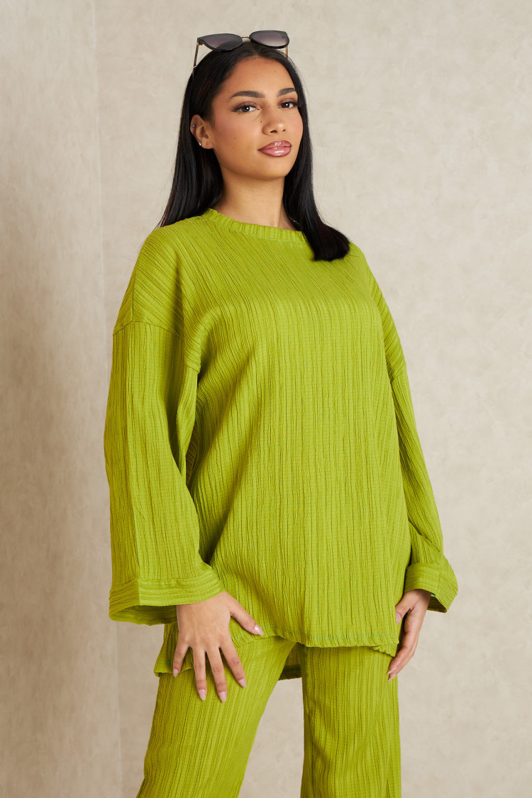 Ensemble 2 pièces pull fin + pantalon à rayures vert