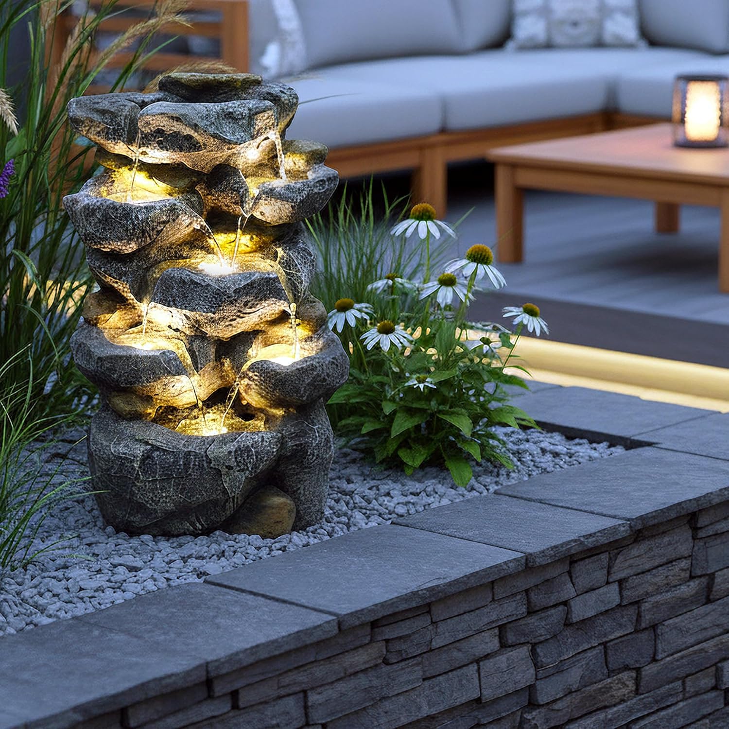 Springbrunnen Victoria mit LED Beleuchtung Zimmerbrunnen IN und Outdoor Gartenbrunnen Wasserspiel Stein Optik