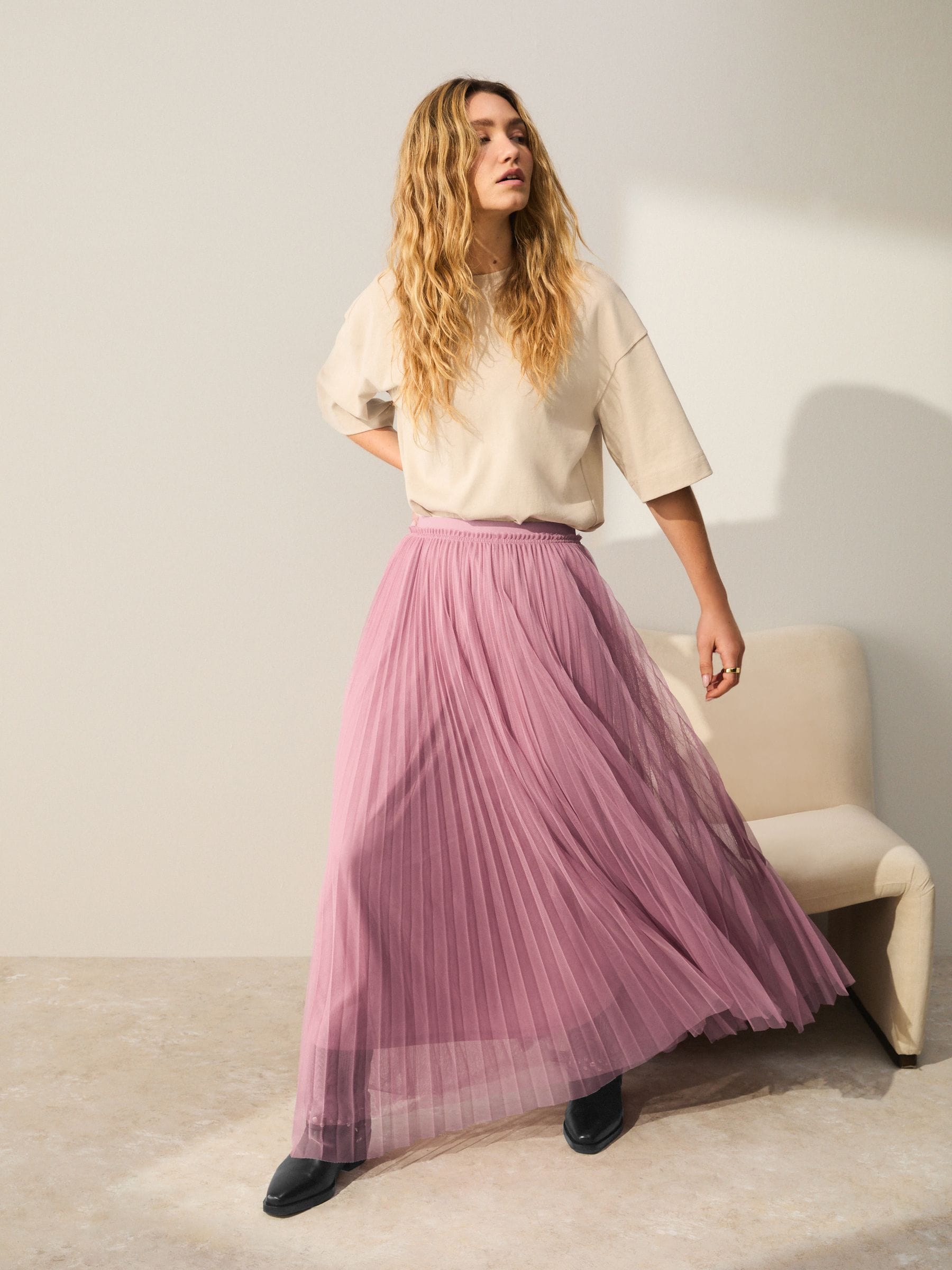 Roze - Pleated Mesh Tulle Maxi Skirt