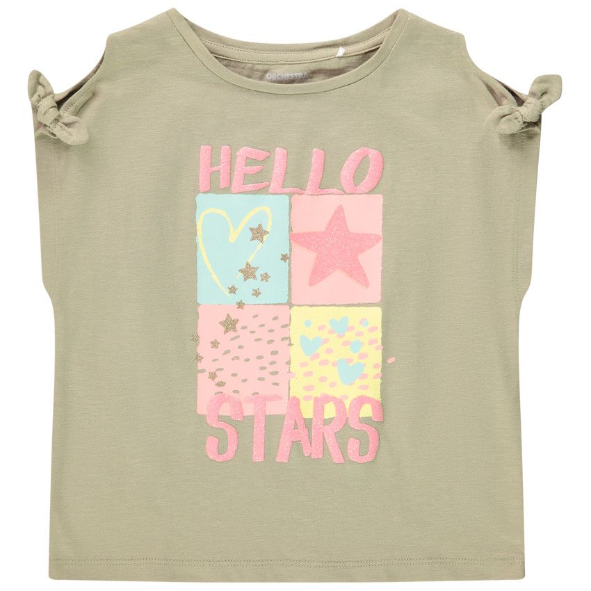 T-shirt manches courtes effet nouées avec print fantaisie pour fille - Kaki
