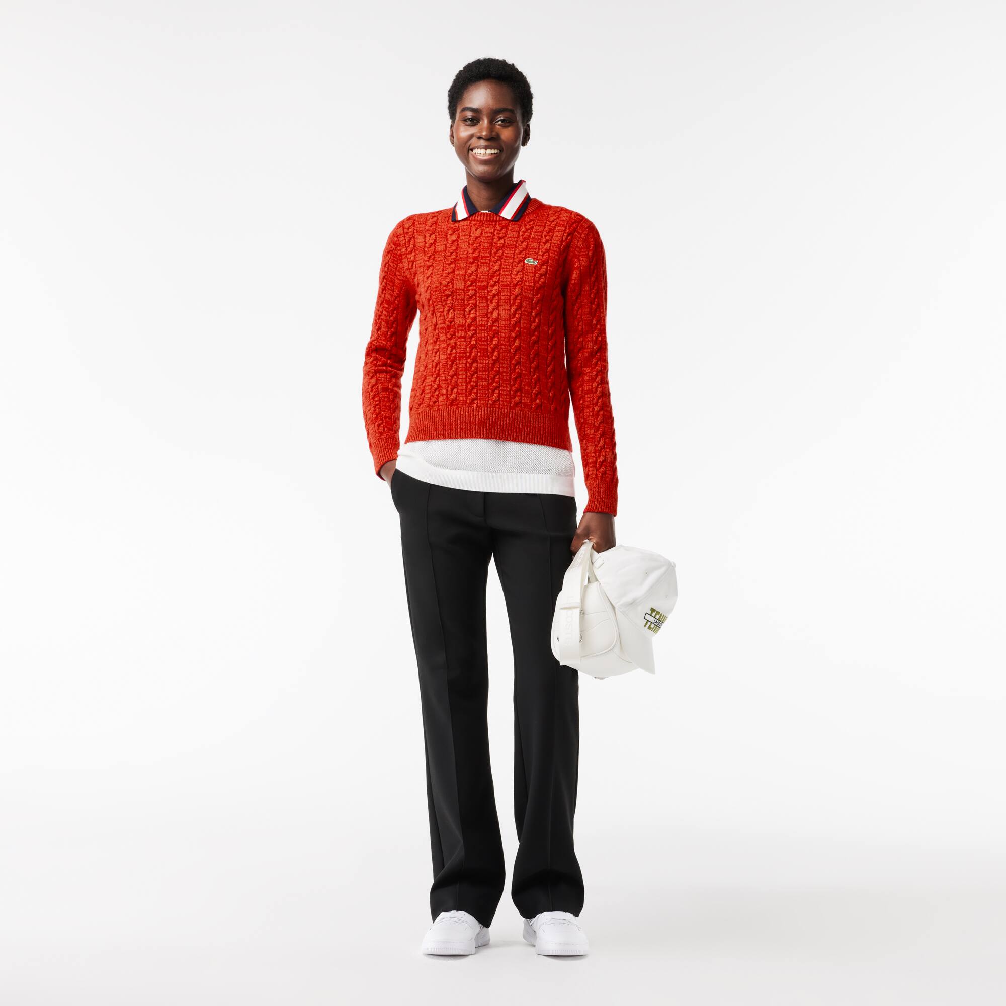 Pullover aus Baumwoll- Wollmischung mit Zopfmuster Pullover - Rot - Lacoste - Damen