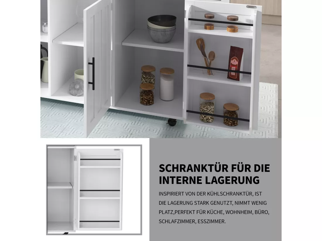 Ilot central de cuisine mobile avec 3 portes et 2 tiroirs - plateau extensible - 129x46/71x91,5 cm - Bois MDF + métal - Blanc + naturel