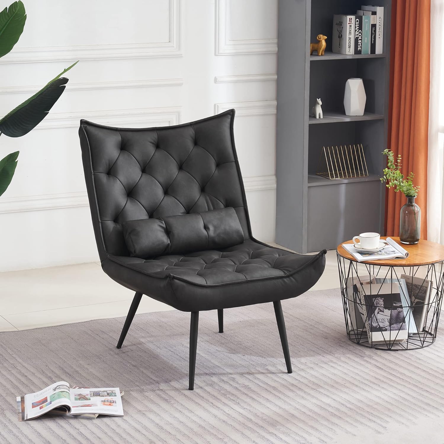 MCombo moderner Sessel Relaxsessel für Wohnzimmer, mit Taillenkissen, Retro Vintage Lesesessel Loungesessel Stuhl Polstersessel, 4779-1 (Dunkelgrau-Kunstleder)