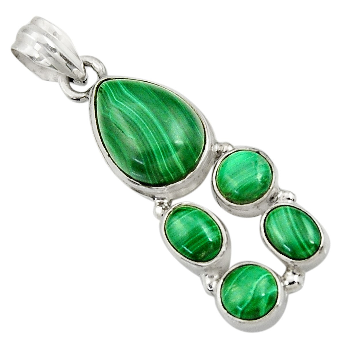 Pendentif en argent serti de 5 malachites vertes naturelles + chaine 3cm gxi121