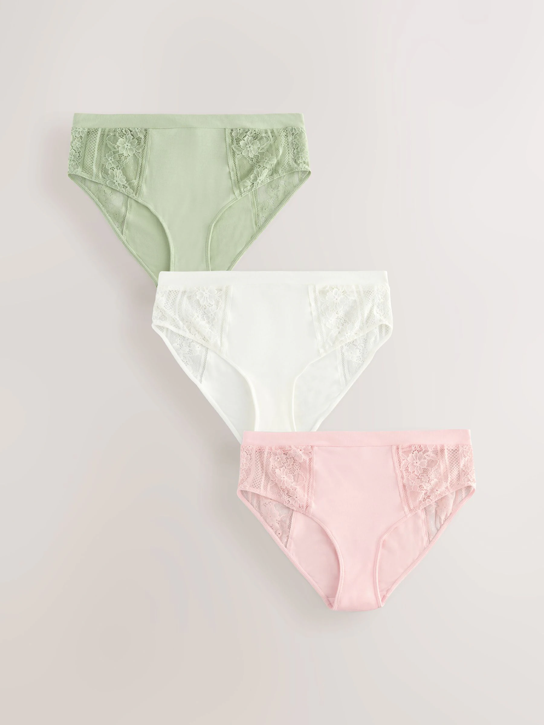 Kaki/lichtroze/crème - 3 Slipjes van modal met kant