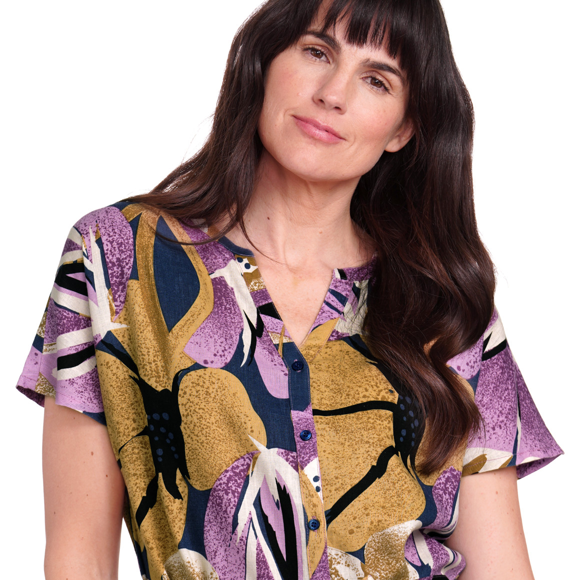 Gina Benotti Damen Leinen-Midi-Kleid mit Allover-Print dunkelblau / helllila / beige