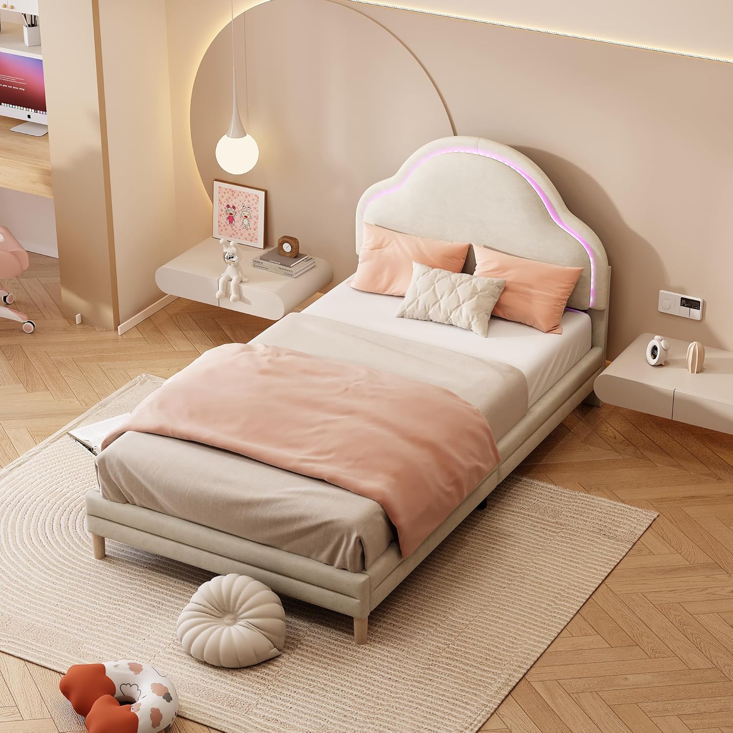 Merax Kinderbett Polsterbett 90x200 cm mit LED, Einzelbett mit wolkenförmigem Kopfteil, Samt Bettgestell mit Lattenrost, Kinder Einzelbett mit Farbwechsel Licht, Beige, ohne Matratze