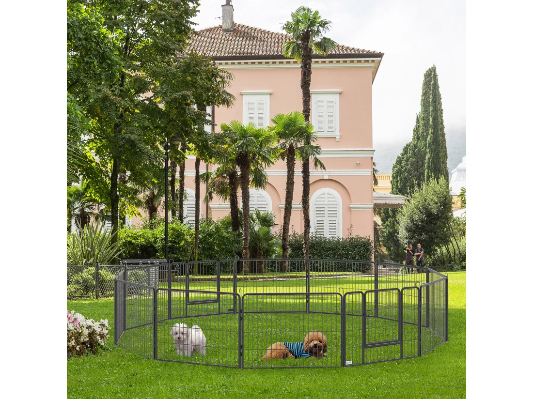 PawHut Parc enclos modulable pour animaux avec 2 portes - 12 panneaux modulables - acier noir