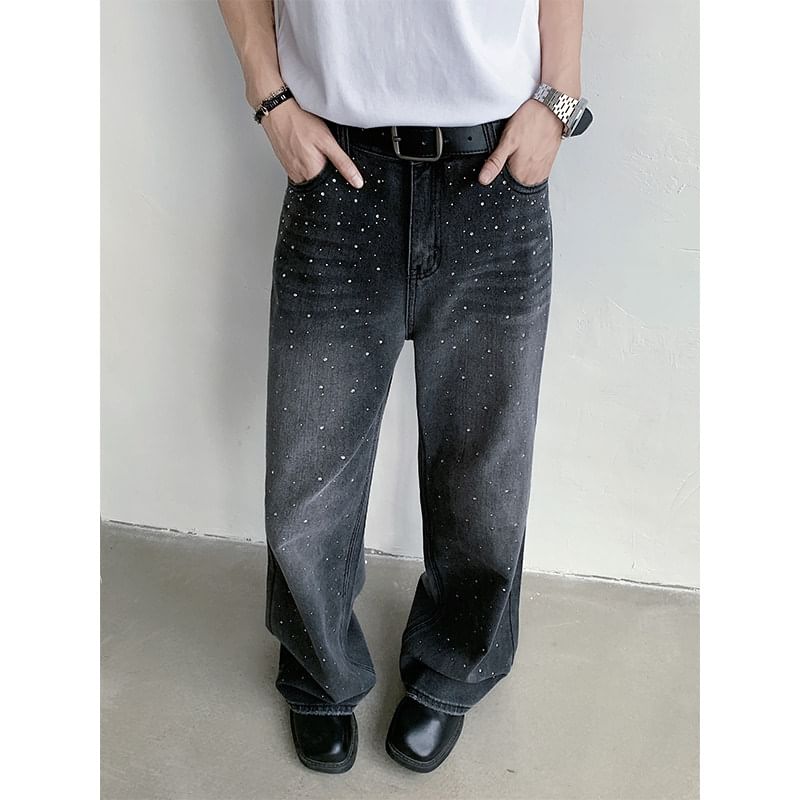 Freehop - Mid Rise Strass Washed Loose Fit Jeans