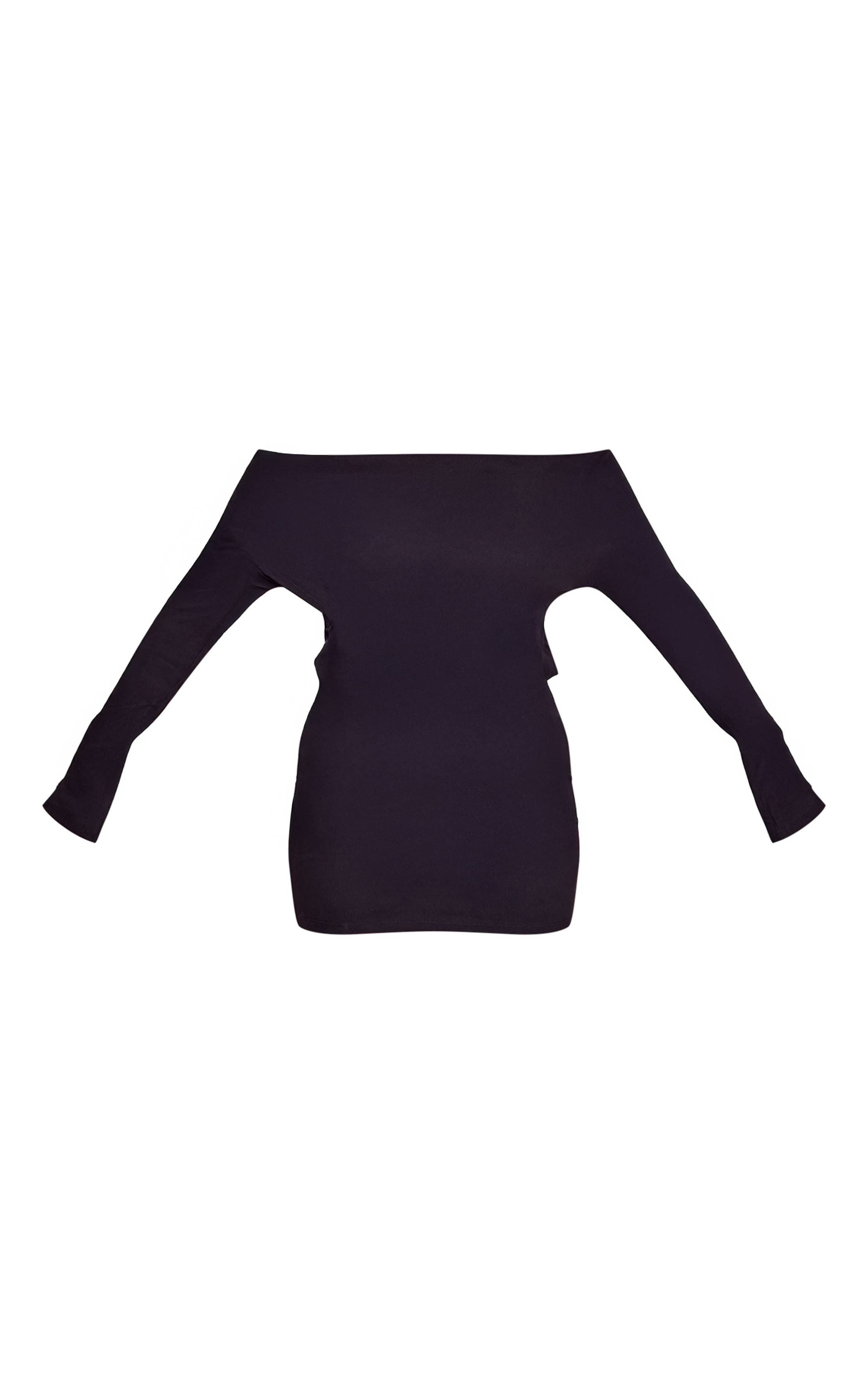 Noir Robe Moulante À Manches Longues En Tissu Doux Toucher Bardot Avec Col Replié