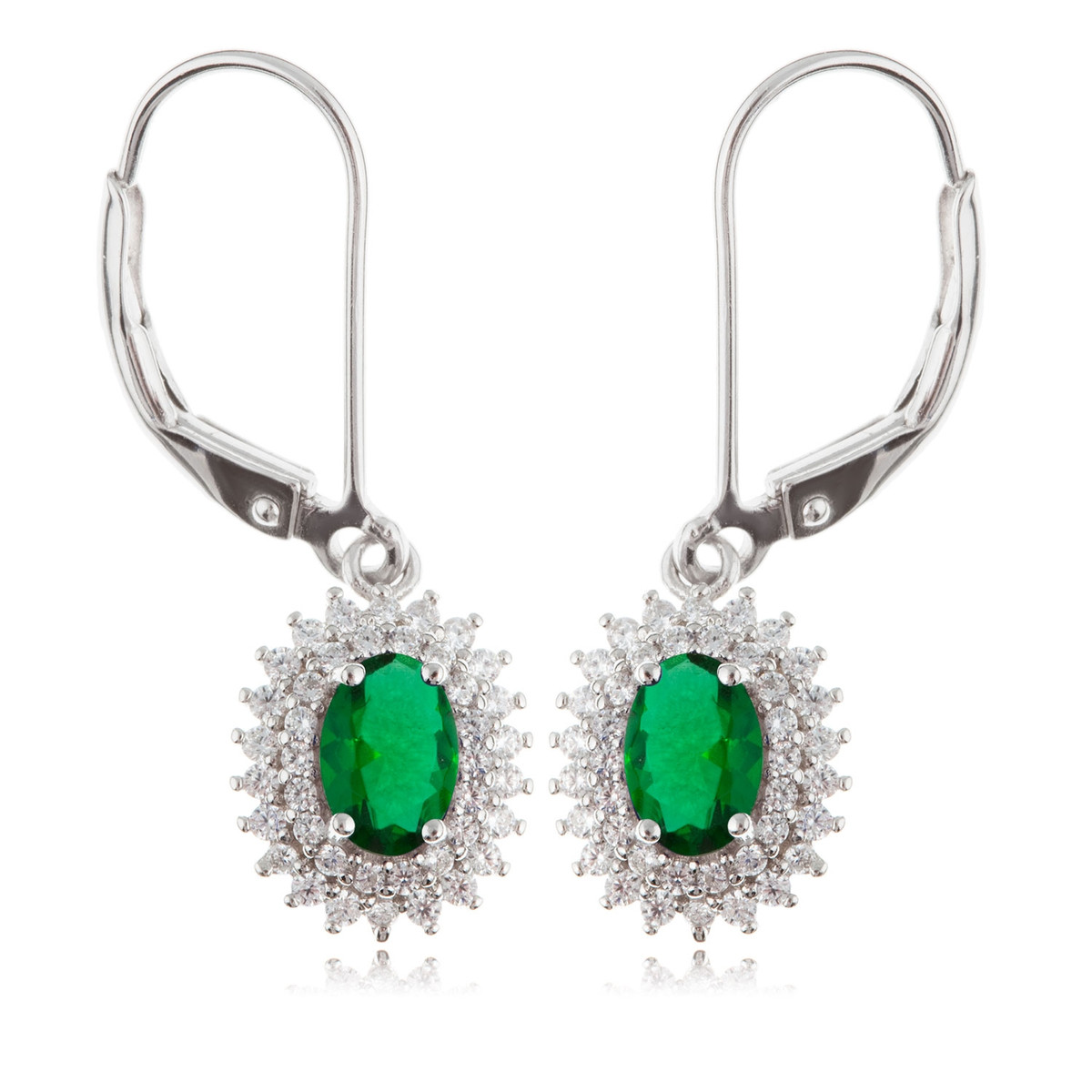 Boucles d'oreille argent rhodié dormeuses en pierre verte synthétique et cubic zirconia