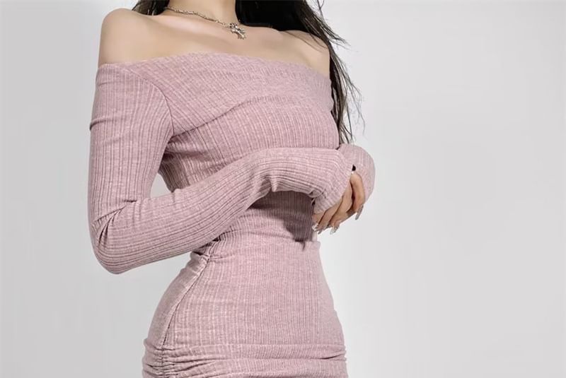 Haneliz - Lange mouw off-shoulder effen mini gebreide manteljurk met trekkoord