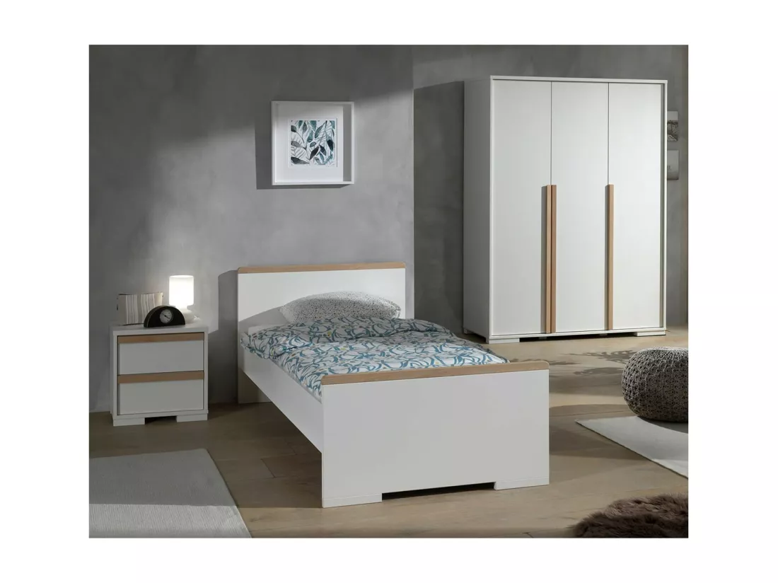 NASH WHITE - Lit 90x200cm + Chevet + Armoire 3 Portes