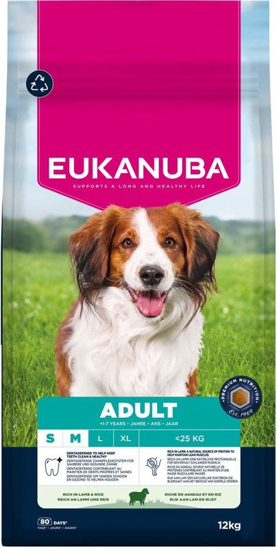Eukanuba - Premium Nutrition - Droogvoer - 2x12kg - Lamsvlees en Rijst - Voor Volwassen Honden van Kleine en Middelgrote Rassen