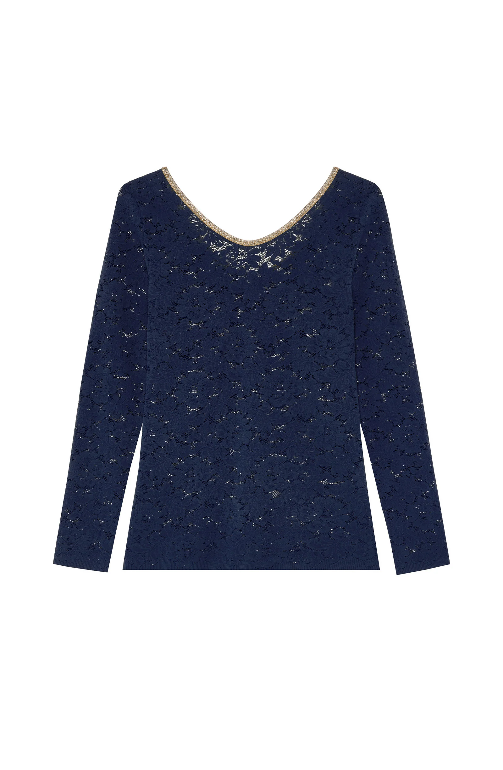 aria Top marine manches longues en dentelle et lurex Marine