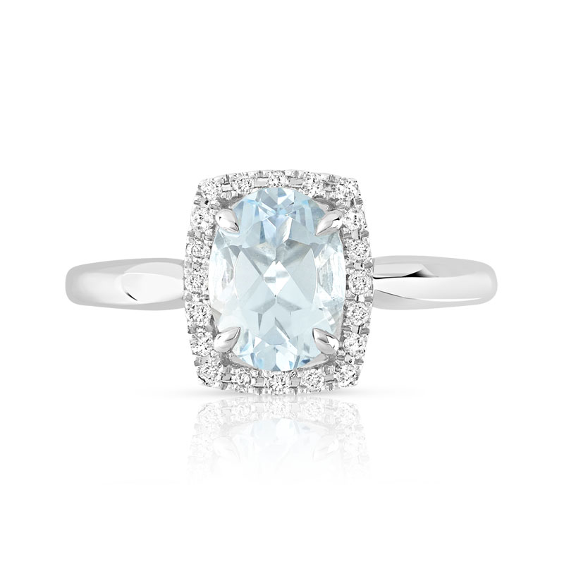 Bague or 375 blanc aigue-marine ovale et diamants