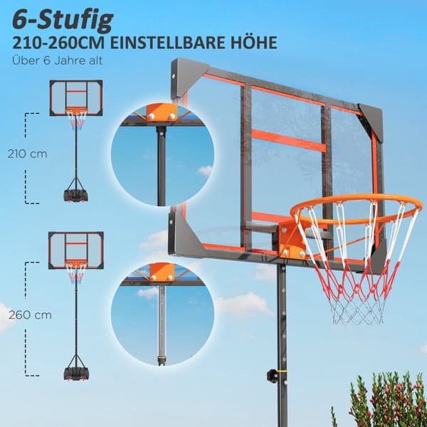 Utendørs basketballkurv for barn, 210-260 cm høydejusterbart basketballstativ med hjul, basketballsystem med stativ for barn fra 6 år og over, rød