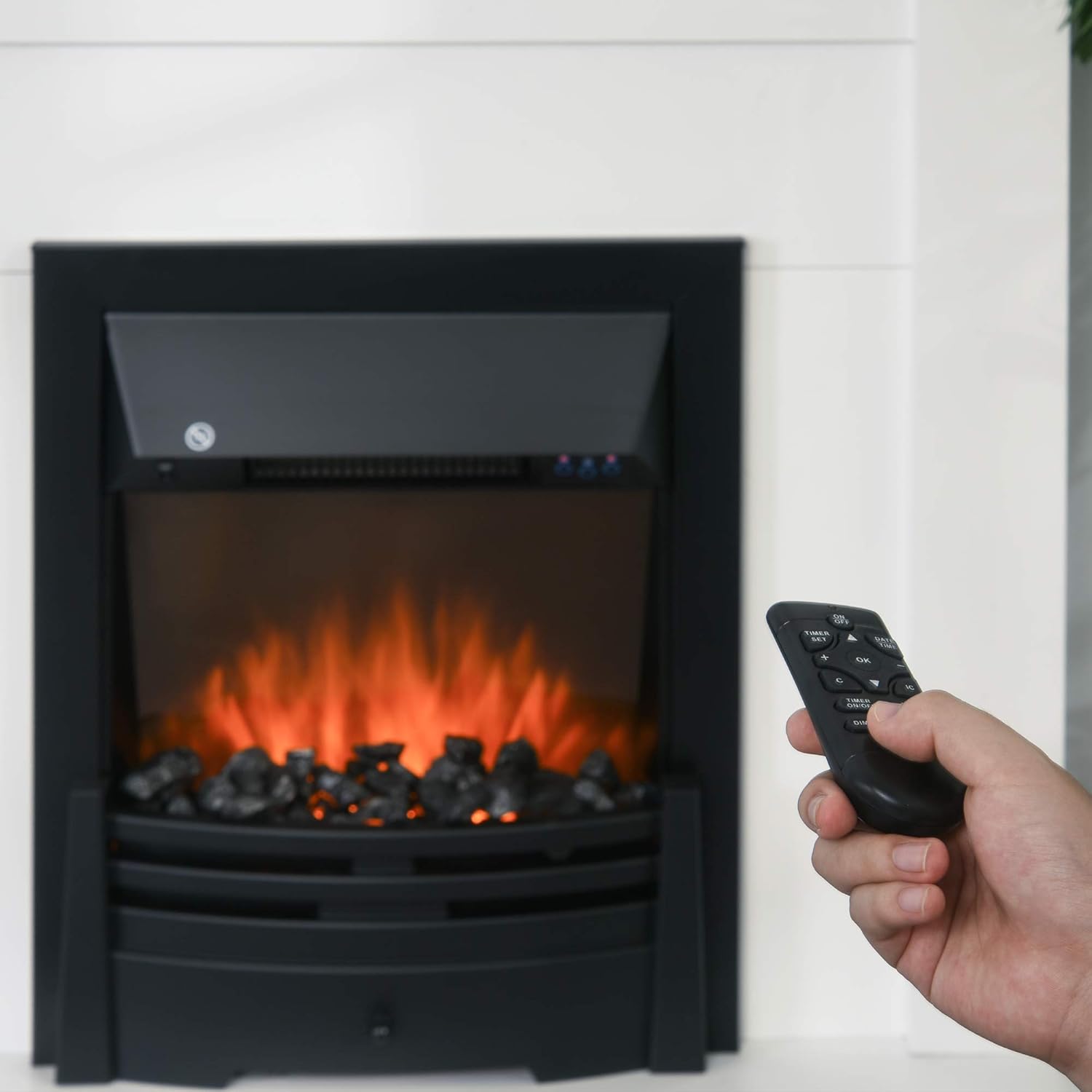 HOMCOM Elektrokamin Standkamin mit Heizung, LED 3D-Flammeneffekt, Adaptive Startfunktion, 2000W Elektrischer Kamin mit 2 Leistungsstufen, Fernbedienung, Timer, Überhitzungsschutz, Thermostat Weiß