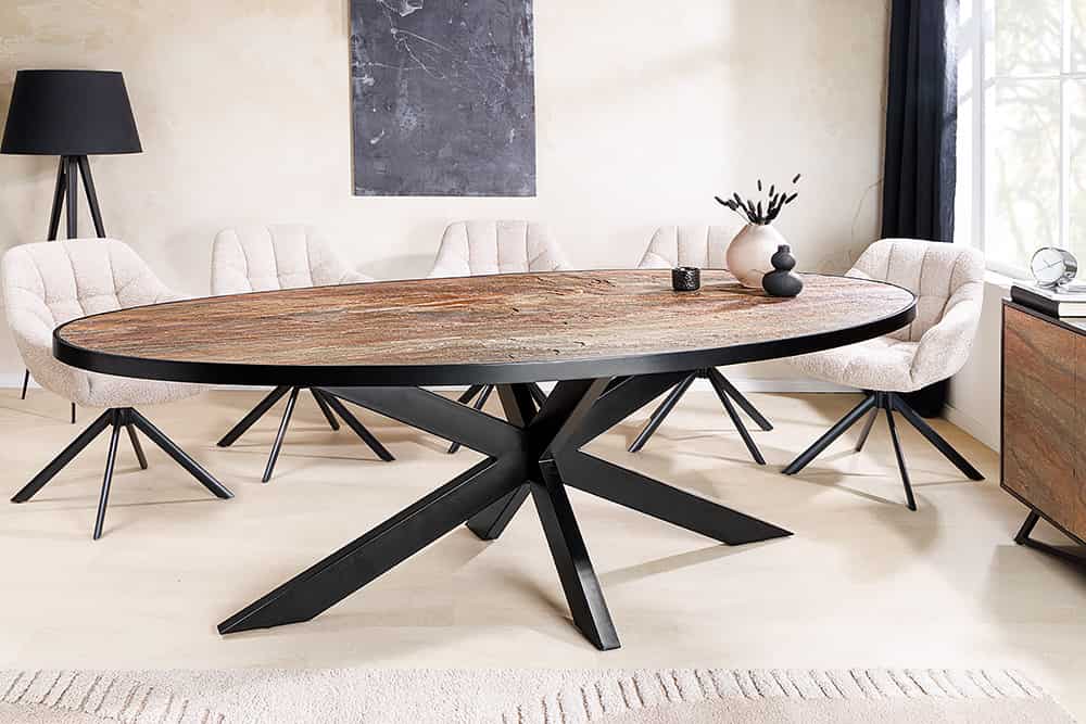 Massiver Esstisch MOUNTAIN SOUL 240cm rötlich grün schwarz oval Naturstein Eisen