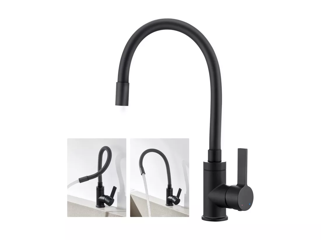 Mitigeur Cuisine Flexible Bec Haut Orientable Librement Mitigeur Évier Flexible Pivotant à 360° Robinet Evier Monotrou Eau Chaude/Froide,Noir