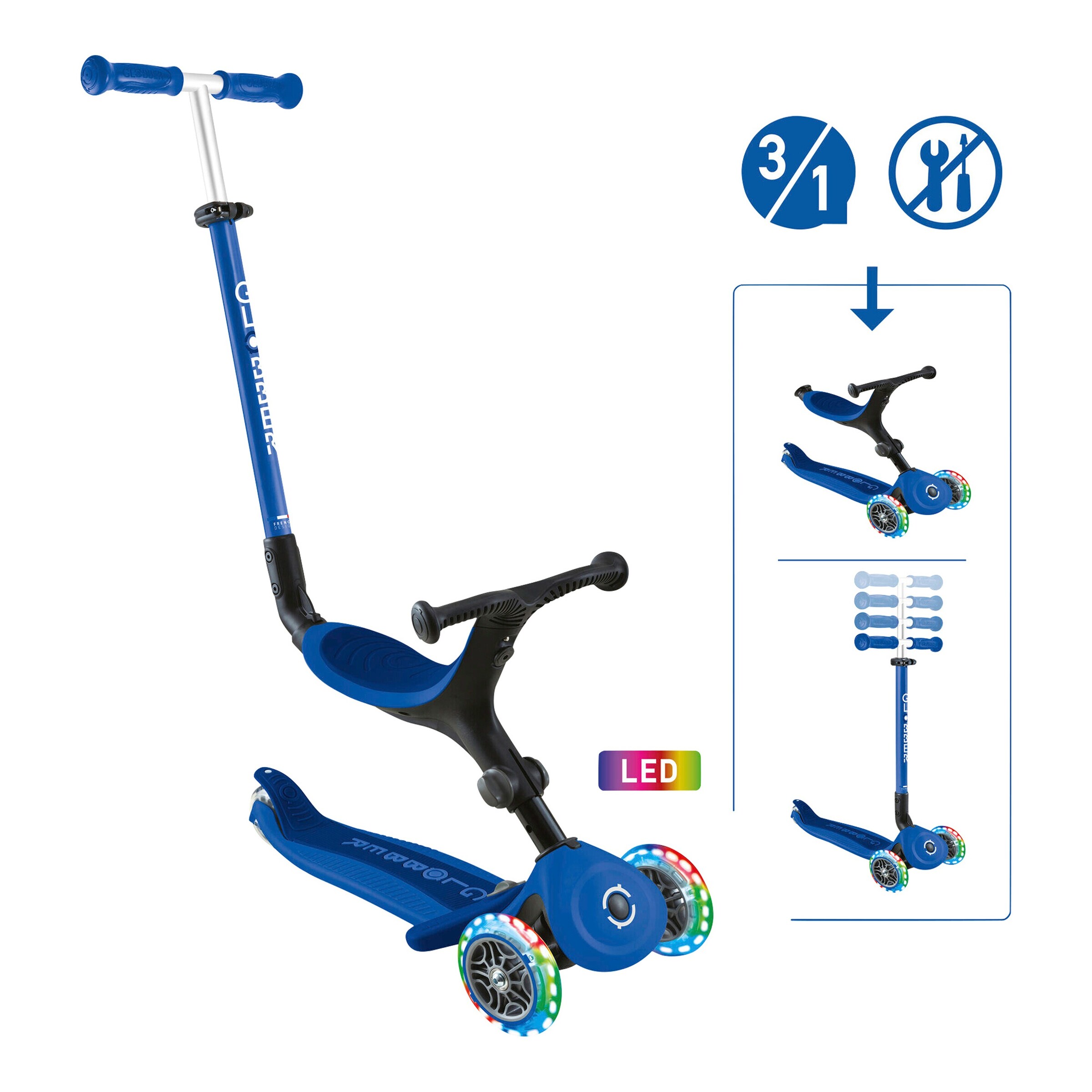 Globber Scooter 3in1 Go-Up active mit Leuchtrollen blau