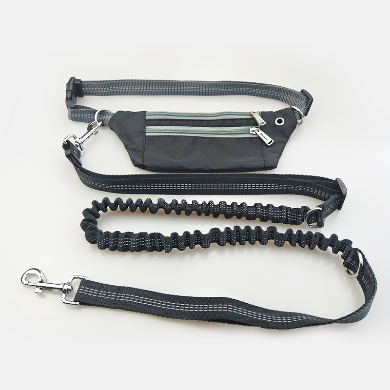 Bauchgürtel Sport Tasche mit Elastischer Bungee Hundeleine   Reflektoren - Schwarz