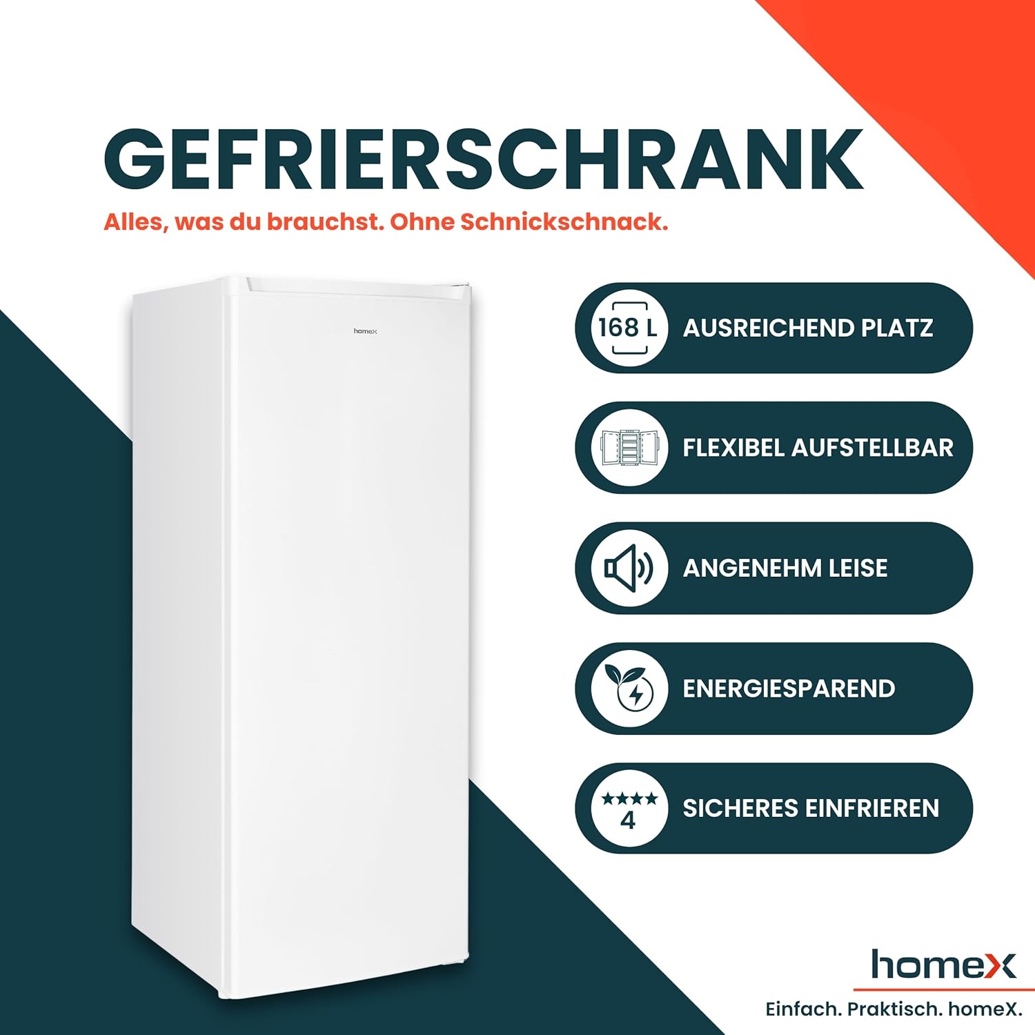 homeX Gefrierschrank, Tiefkühlschrank groß - 168L Nutzinhalt, 4-Sterne Gefrieren, XXL Freezer, Gefrierschränke freistehend, Temperaturregelung, wechselbarer Türanschlag, leise 40 dB, Gefriergerät weiß
