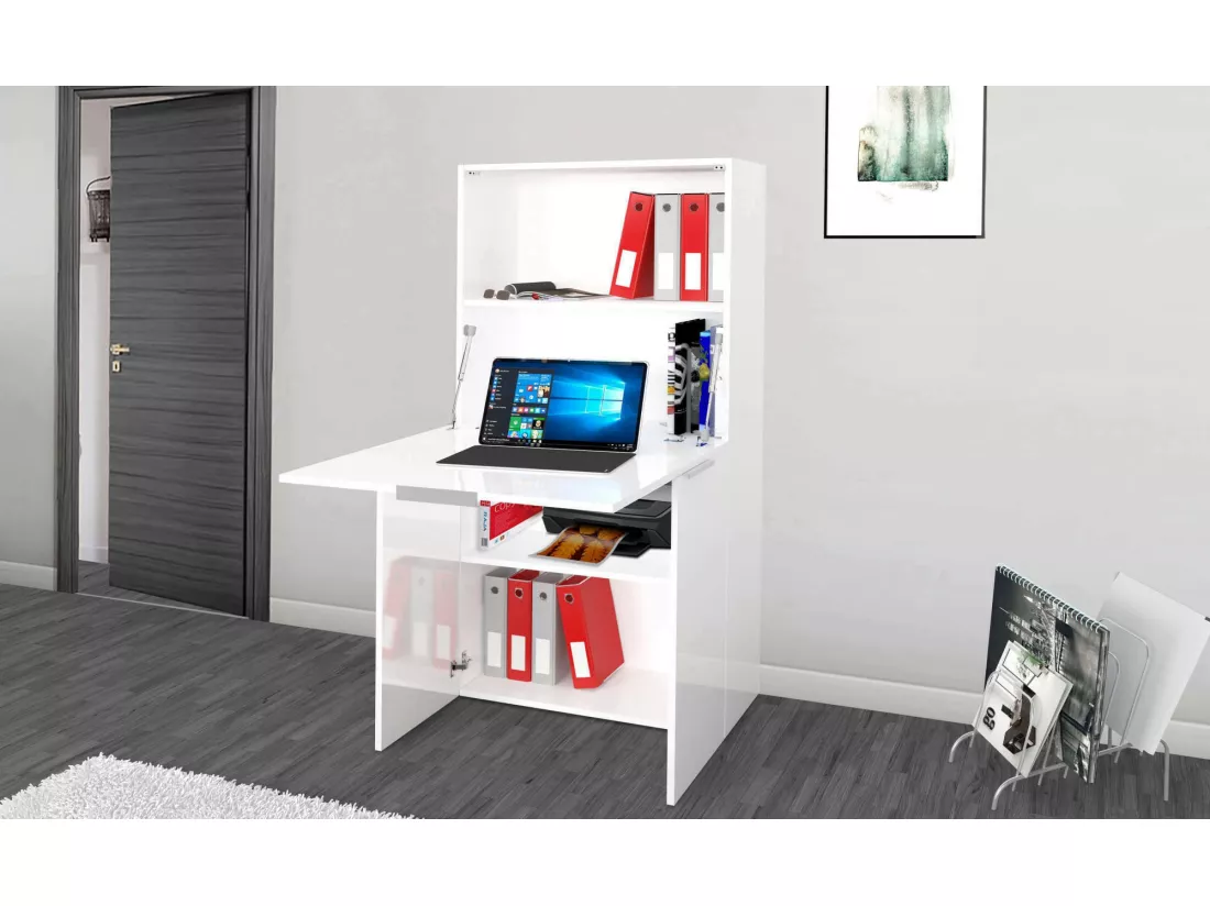 Bureau Ddossen, Mobilier polyvalent avec étagères et plan de travail, Table de bureau polyvalente, Bureau multiposition gain de place, 100% Made in Italy, 70x35h140 cm, Blanc brillant