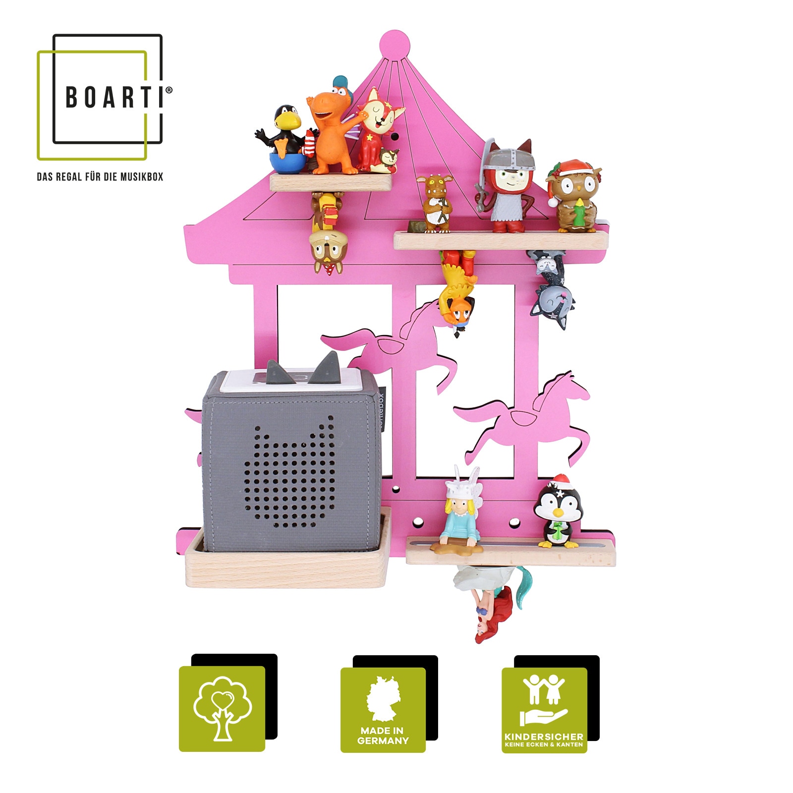 BOARTI Holz Karussell Pferde Kinder Regal Toniebox Figuren Wandregal Tonies Musikbox