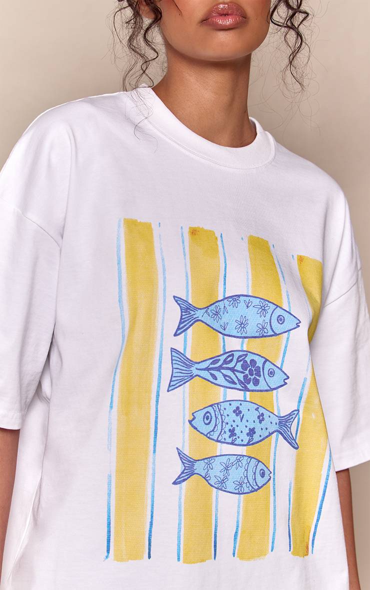 Blanc T-shirt Oversize En Coton Épais Avec Motif Sardines