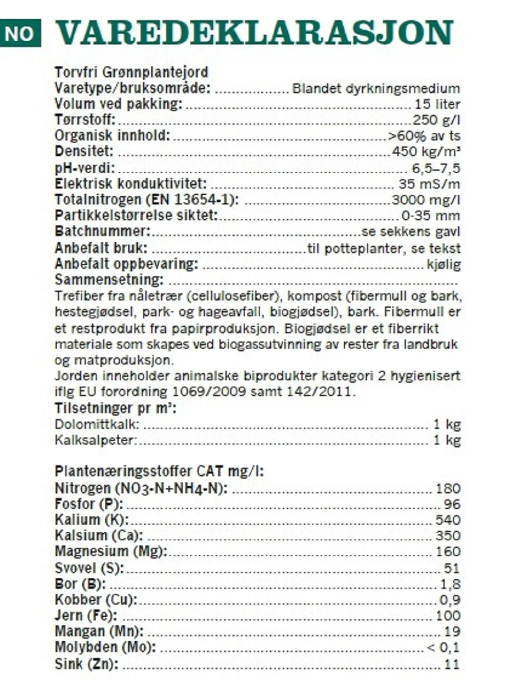 Torvfri grønnplantejord 15 L