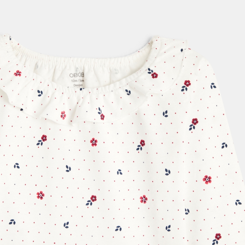Tee-shirt fleuri col à volants rose bébé fille