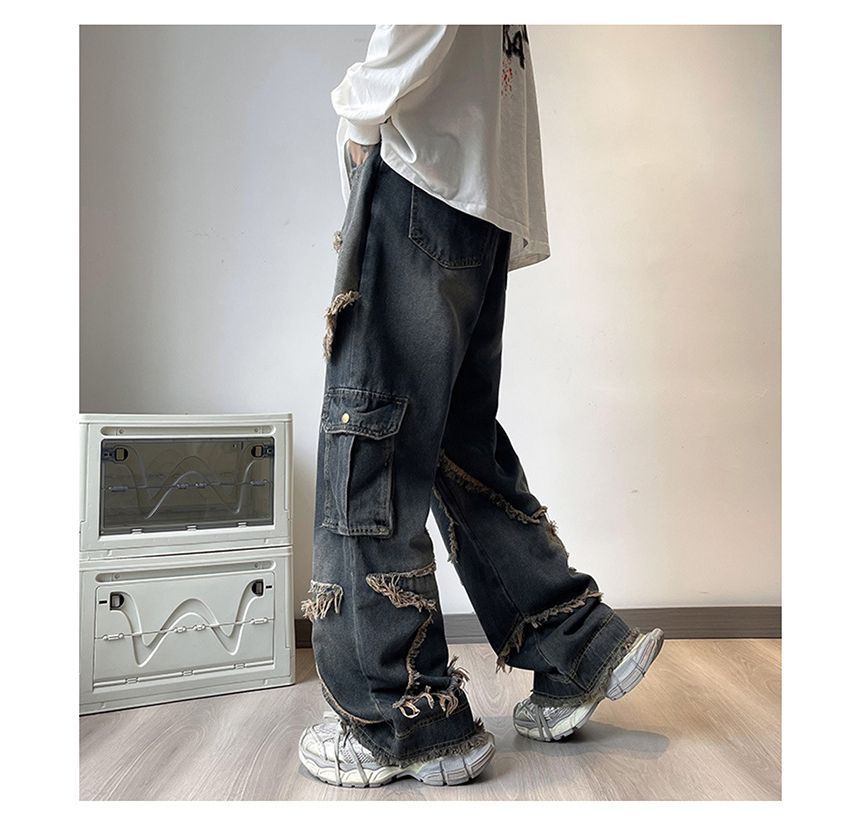 Savenne - Mid Rise Star Applique Washed Frayed Wide Leg Cargo Jeans