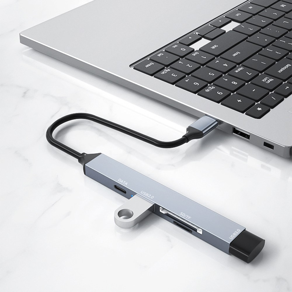 USB C 5 in 1 OTG Multiport Adapter HUB mit 1x USB C (480Mbit/s) / 1x USB 2.0 / 1x USB 3.0 / 1x SD-Kartenleser / 1x MicroSD-Kartenleser - Grau