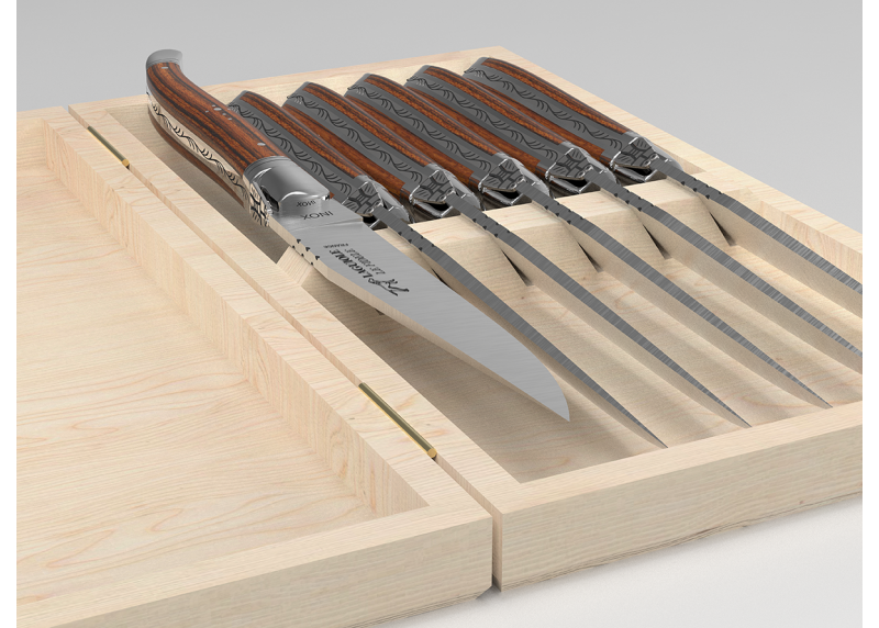 Service de 6 couteaux Laguiole avec un manche en bois de bocote et mitres en acier inoxydable