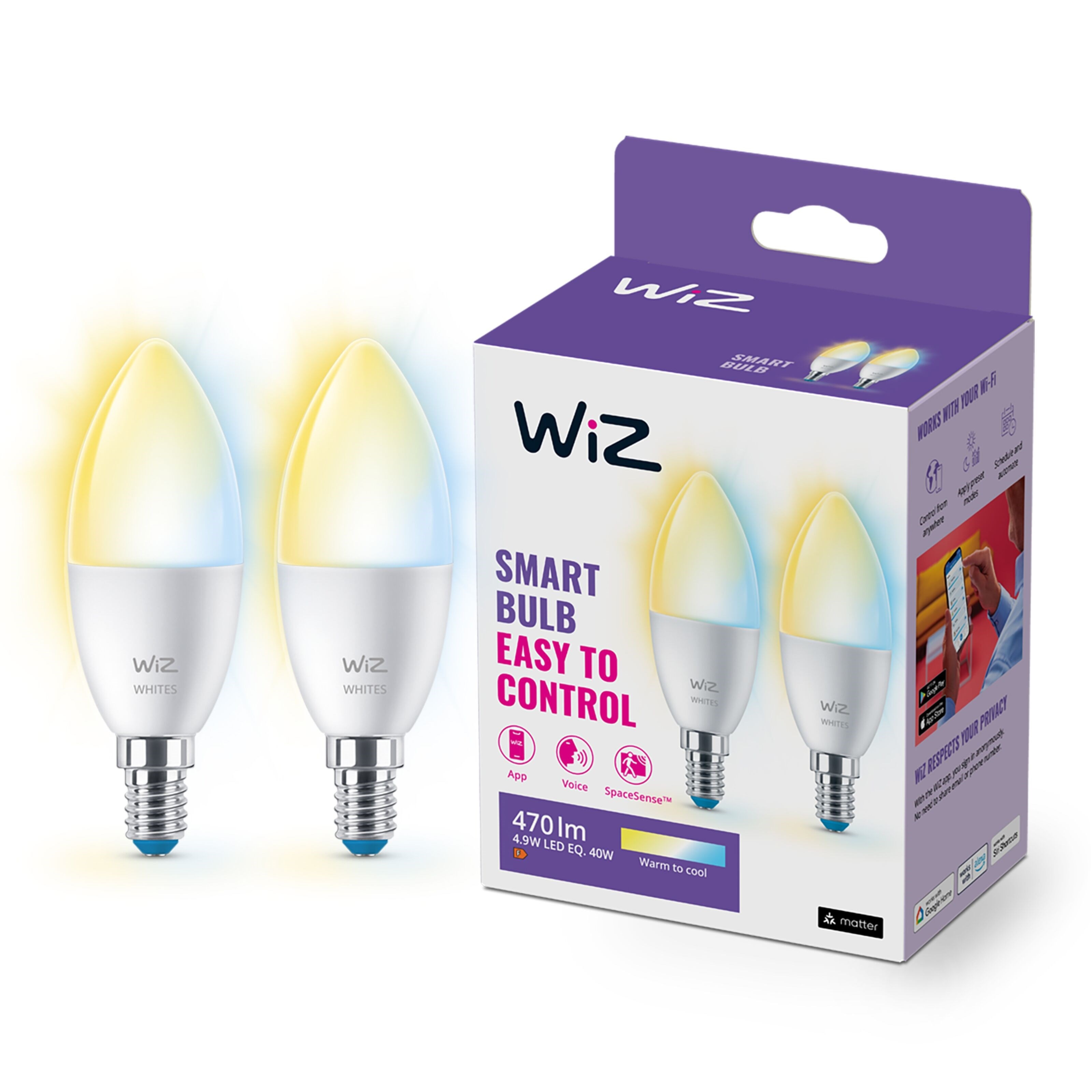 WiZ C37 Smart LED-pære E14 470 lm 2-pk.