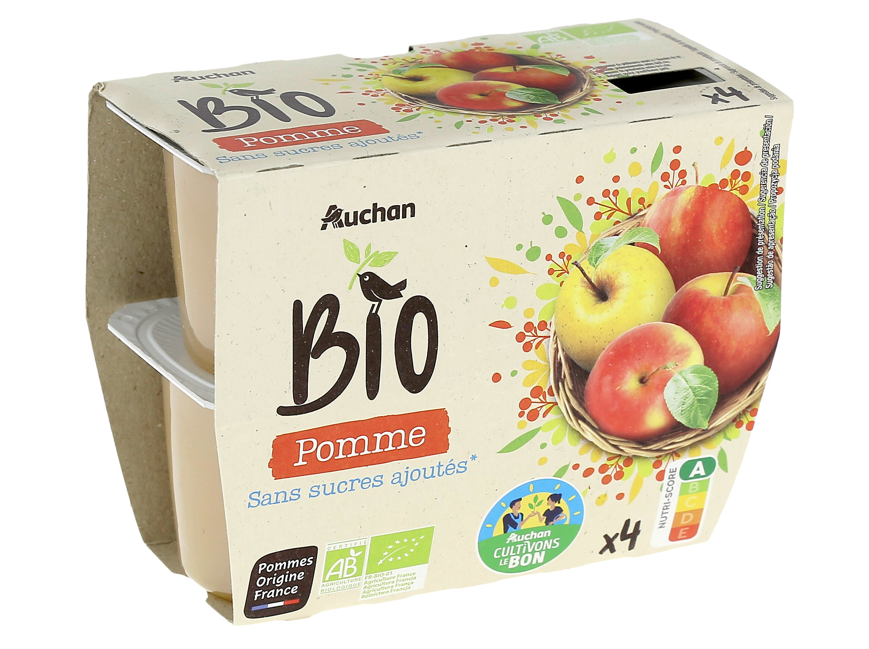 PURÉ DE FRUTA AUCHAN BIO CULTIVAMOS O BOM SEM AÇÚCARES ADICIONADOS DE MAÇÃ 4 X 100G