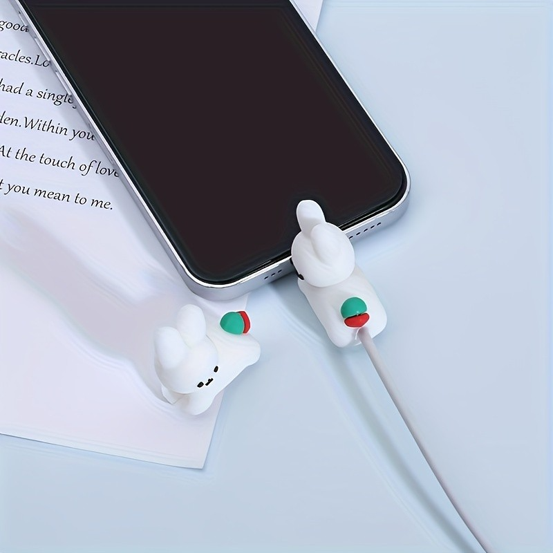 (2er Set) USB C / Lightning Kabel Bruchschutz / Halter / Kabelbeisser Kaninchen - Weiss