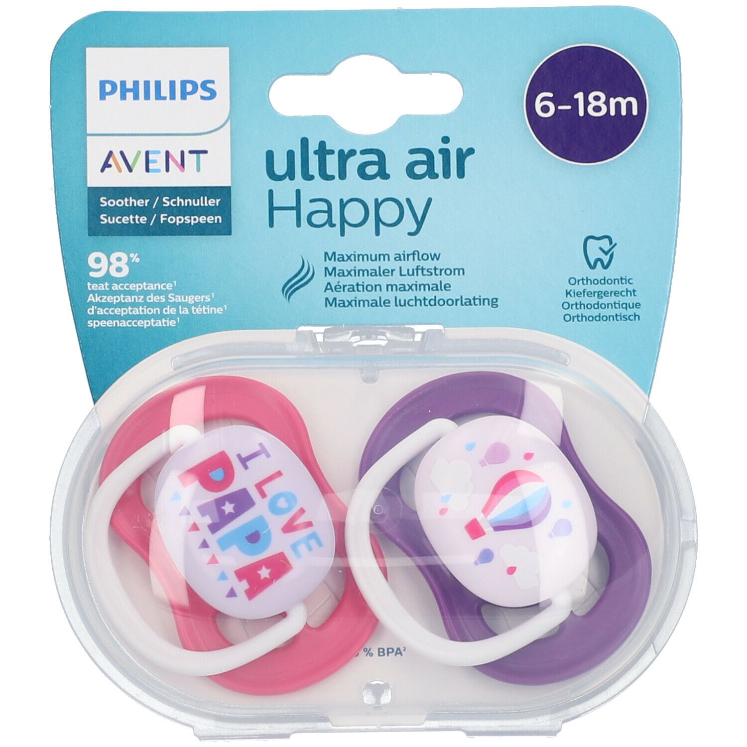 PHILIPS Avent Ultra Air Happy Schnuller 6-18 Monate, Papa pink/lila