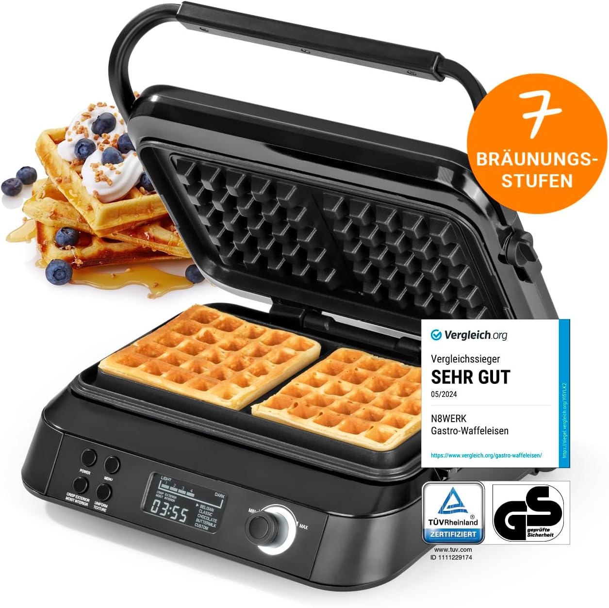 Premium Waffeleisen für Belgische Waffeln | Starke 1.600 Watt, doppelte Heizelemente, 5 Programme & 7 Bräunungsstufen | LCD Display, Timer, extra tiefe Heizplatten für besonders luftige Waffeln